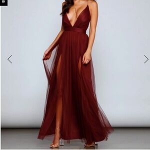 Windsor Double Slit Burgundy Tulle Maxi Dress